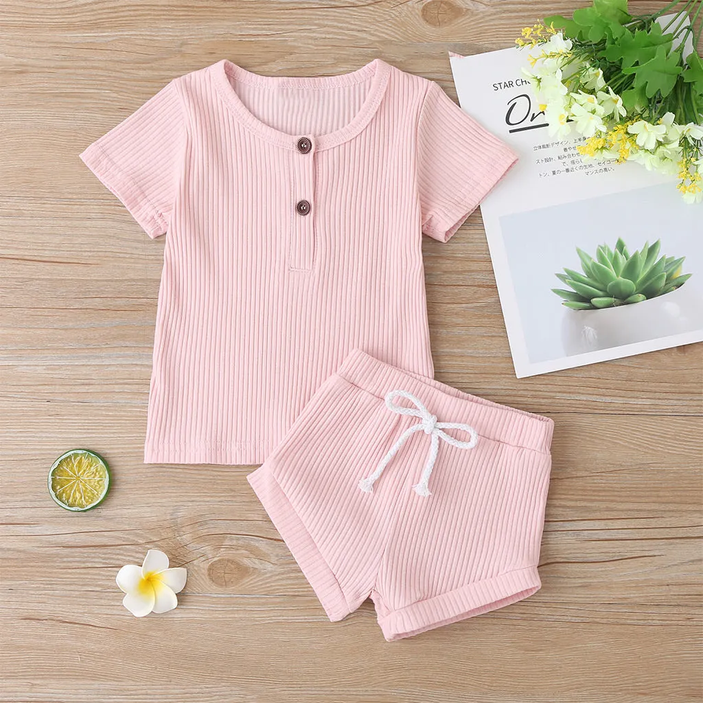 2pcs Baby Boy/Girl 95% Cotton Ribbed Short-sleeve Button Up Top and Shorts Set