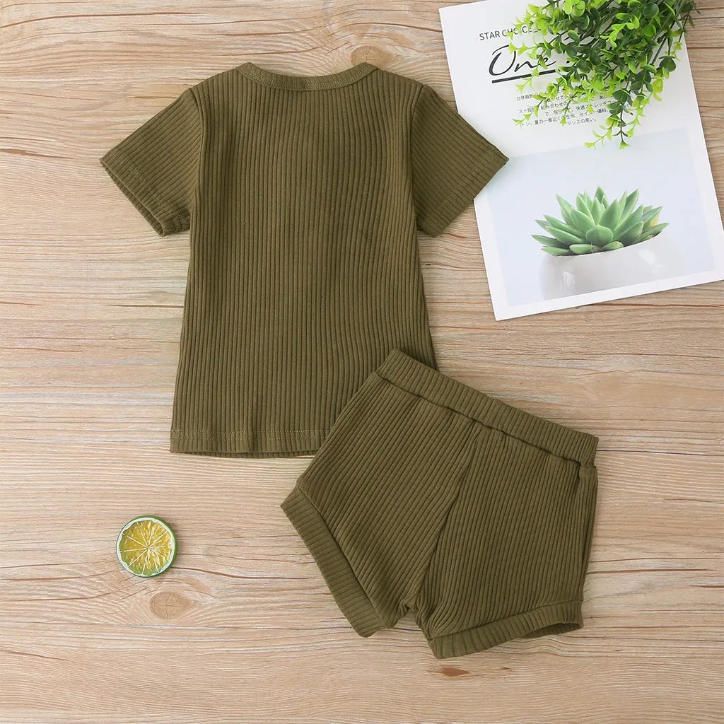 2pcs Baby Boy/Girl 95% Cotton Ribbed Short-sleeve Button Up Top and Shorts Set