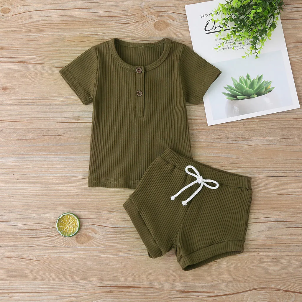 2pcs Baby Boy/Girl 95% Cotton Ribbed Short-sleeve Button Up Top and Shorts Set