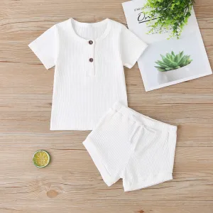 2pcs Baby Boy/Girl 95% Cotton Ribbed Short-sleeve Button Up Top and Shorts Set