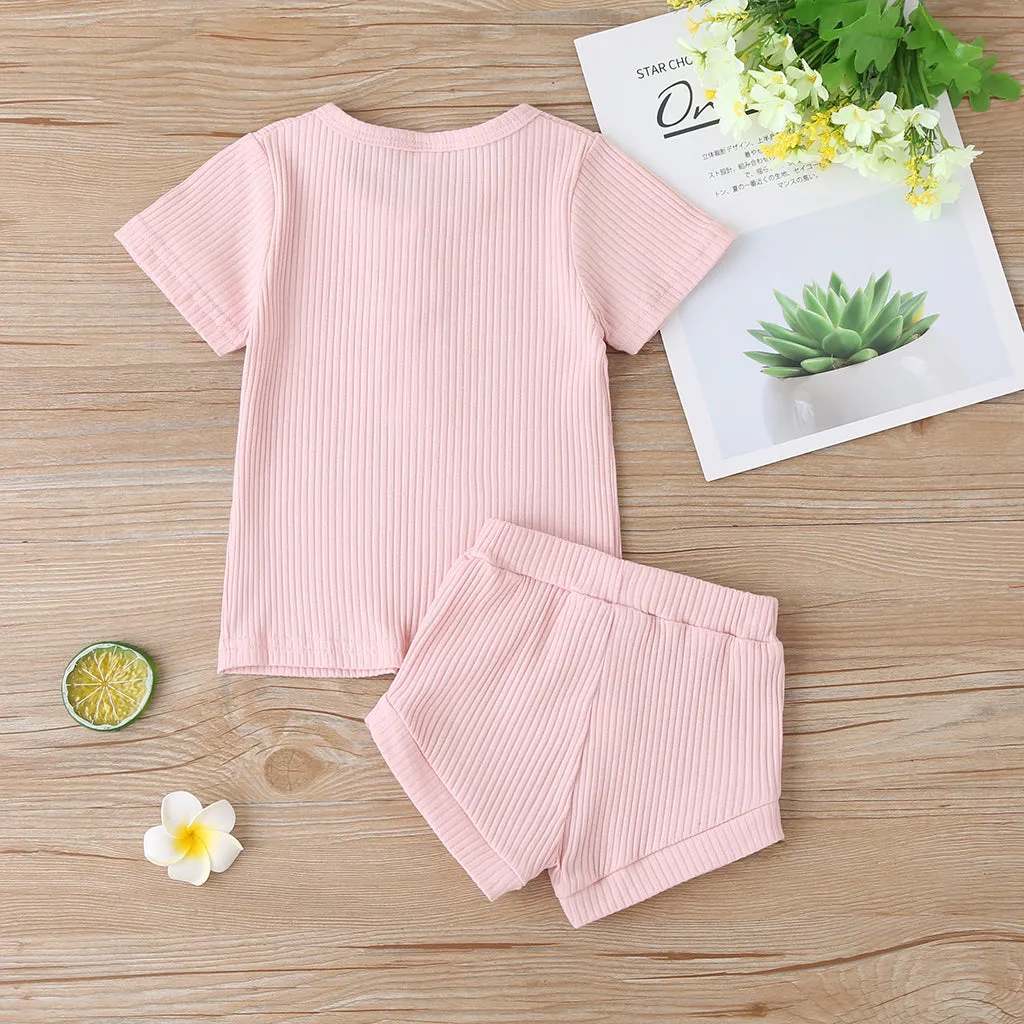 2pcs Baby Boy/Girl 95% Cotton Ribbed Short-sleeve Button Up Top and Shorts Set