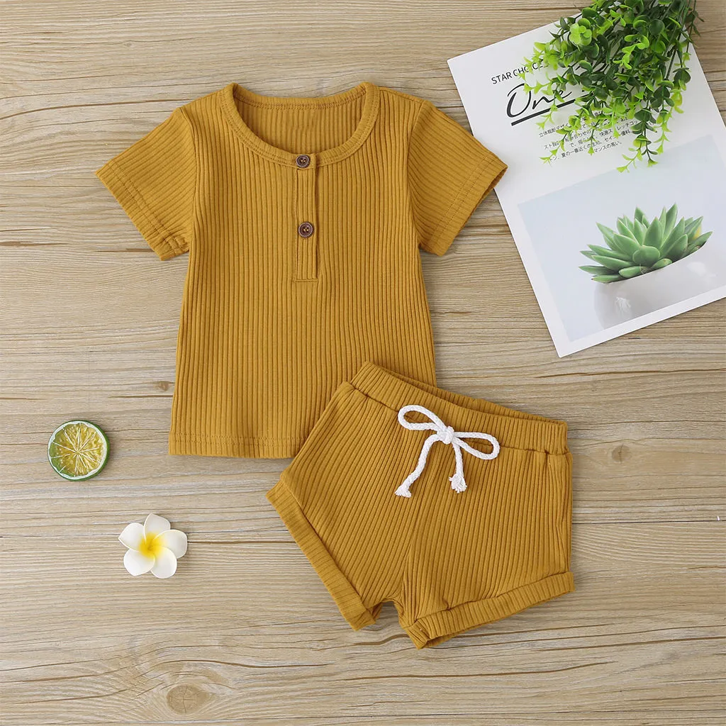 2pcs Baby Boy/Girl 95% Cotton Ribbed Short-sleeve Button Up Top and Shorts Set