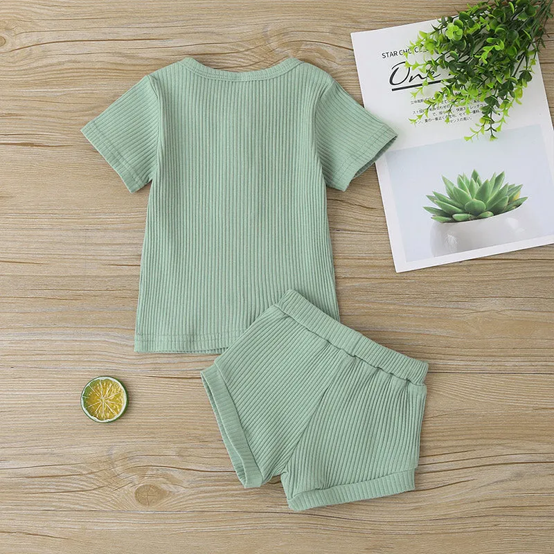 2pcs Baby Boy/Girl 95% Cotton Ribbed Short-sleeve Button Up Top and Shorts Set