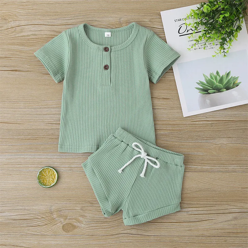 2pcs Baby Boy/Girl 95% Cotton Ribbed Short-sleeve Button Up Top and Shorts Set