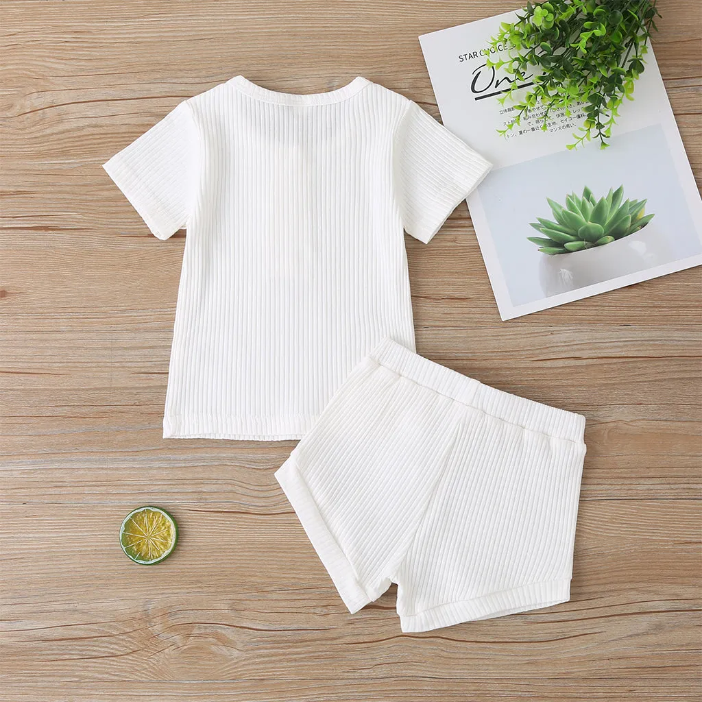 2pcs Baby Boy/Girl 95% Cotton Ribbed Short-sleeve Button Up Top and Shorts Set