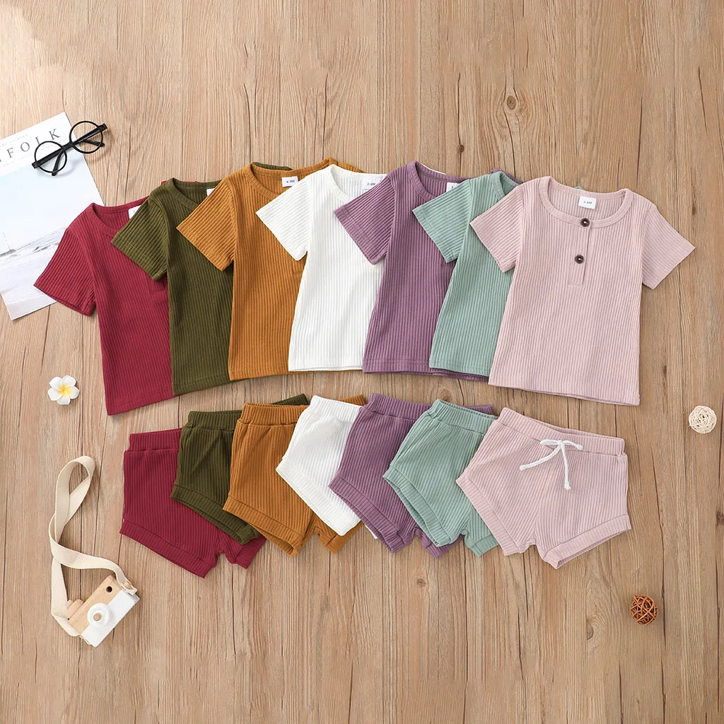2pcs Baby Boy/Girl 95% Cotton Ribbed Short-sleeve Button Up Top and Shorts Set