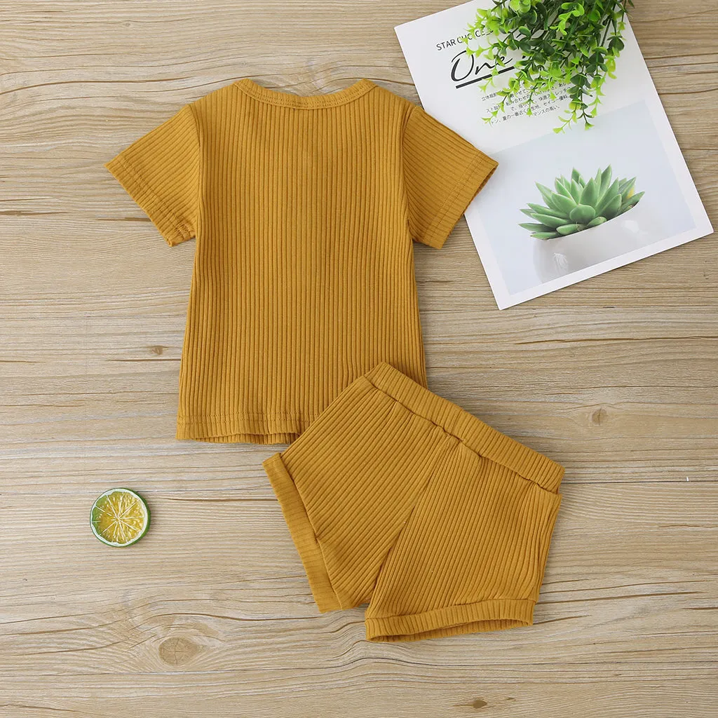 2pcs Baby Boy/Girl 95% Cotton Ribbed Short-sleeve Button Up Top and Shorts Set