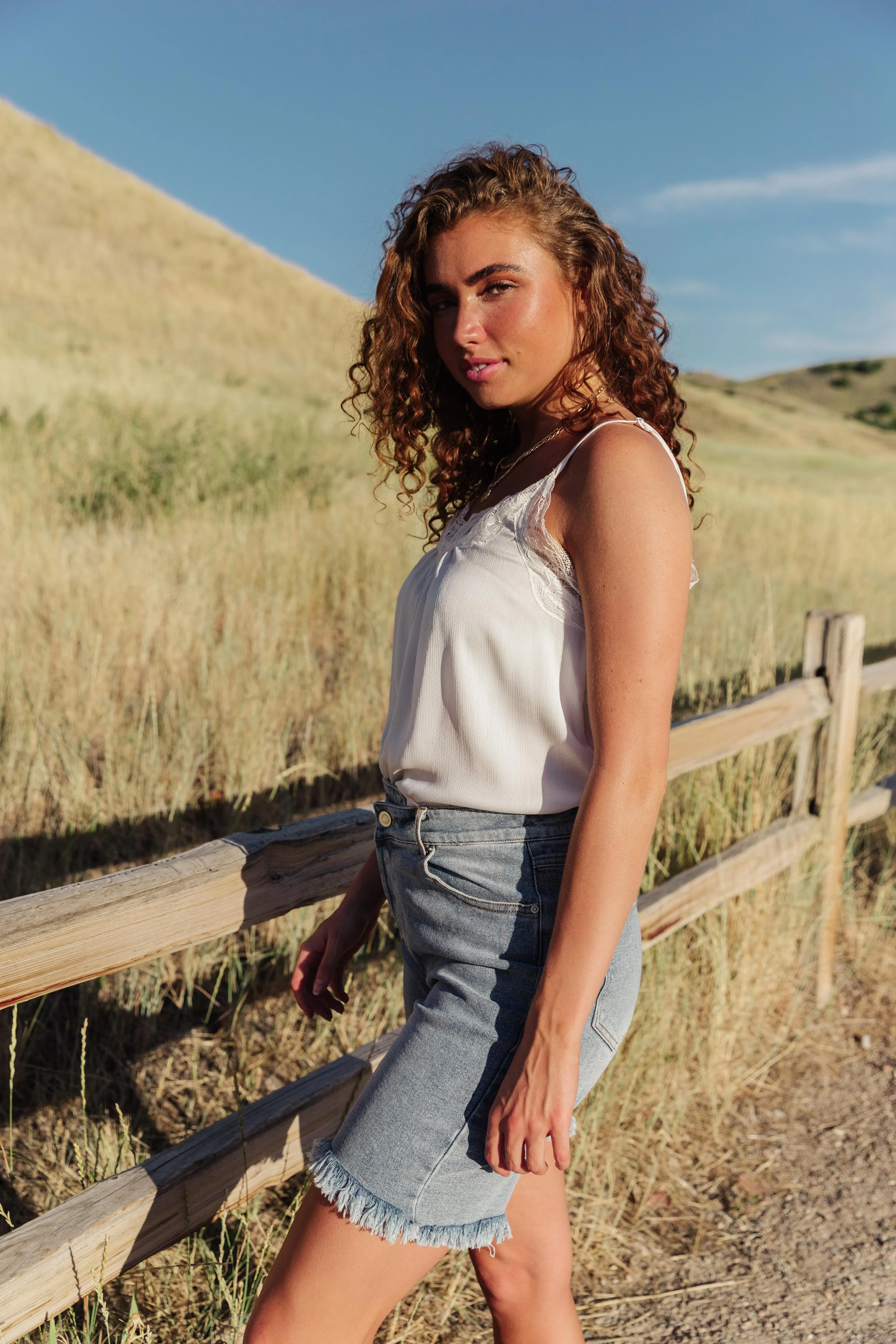 Asymmetric Frayed Denim Shorts