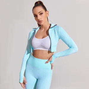Baby Blue Seamless High Waist Leggings and Padded Sports Bra 3 Piece Yoga Set