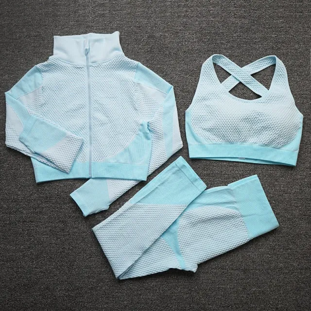 Baby Blue Seamless High Waist Leggings and Padded Sports Bra 3 Piece Yoga Set