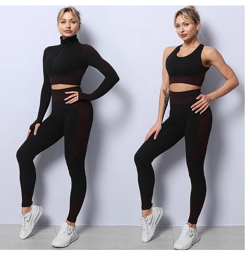 Black and Red Seamless High Waist Leggings and Padded Sports Bra3 Piece Yoga Set