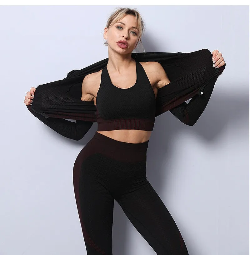 Black and Red Seamless High Waist Leggings and Padded Sports Bra3 Piece Yoga Set