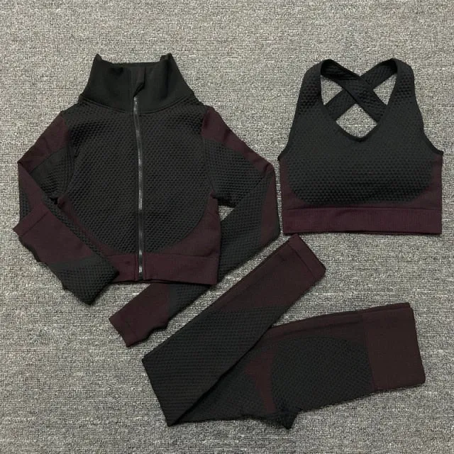 Black and Red Seamless High Waist Leggings and Padded Sports Bra3 Piece Yoga Set