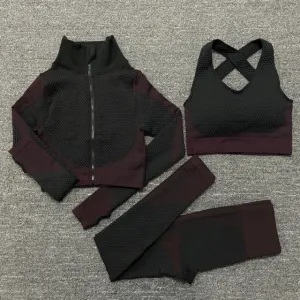 Black and Red Seamless High Waist Leggings and Padded Sports Bra3 Piece Yoga Set