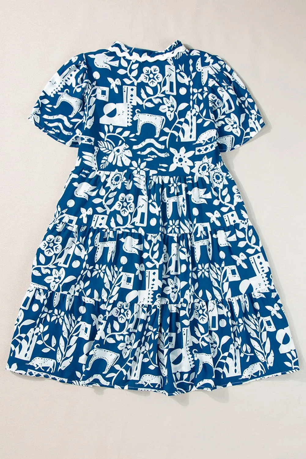 Blue Floral Ricrac Trim V-Neck Shift Dress