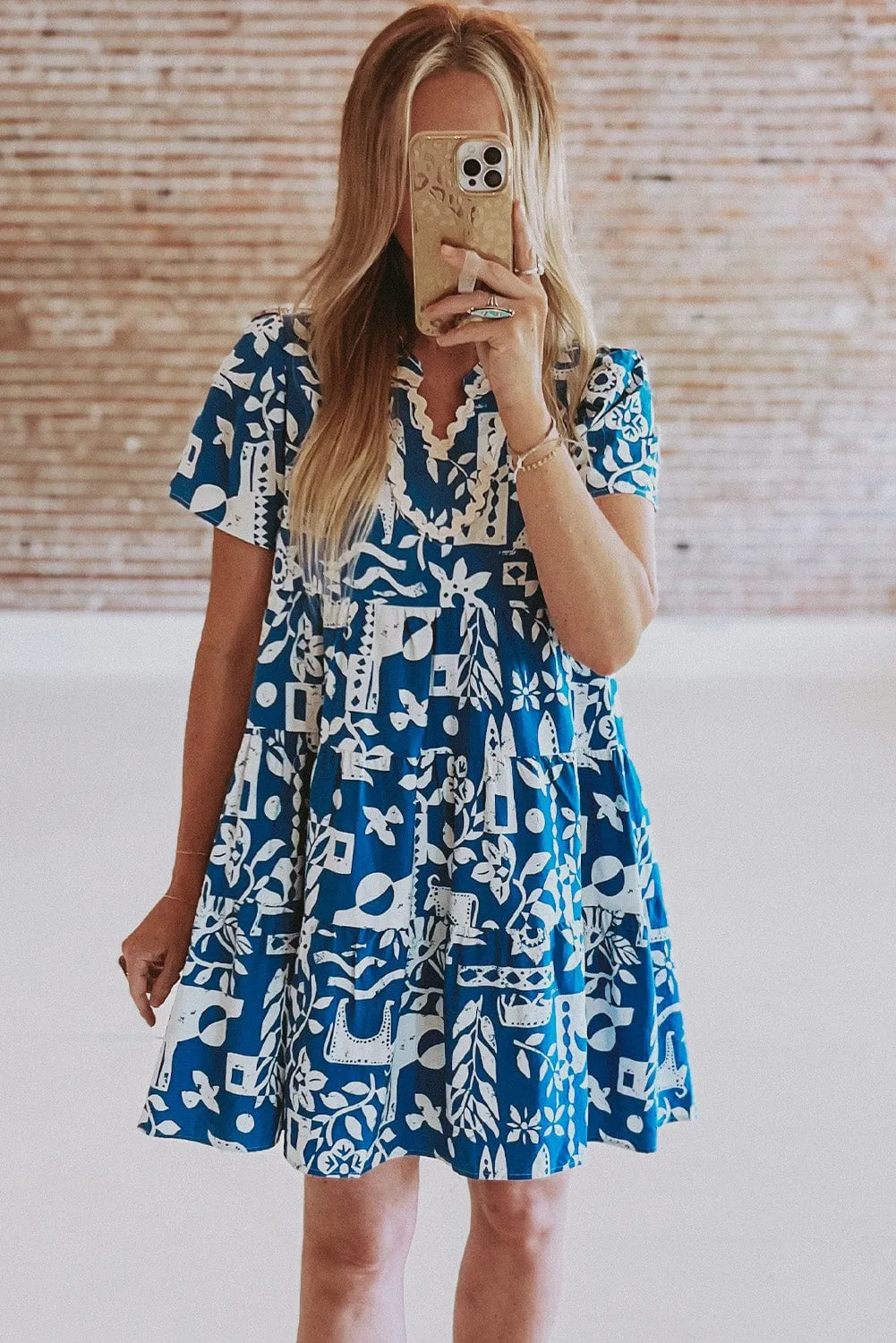 Blue Floral Ricrac Trim V-Neck Shift Dress
