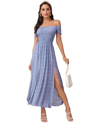 Blue Flower Women's Boho Floral Print Off Shoulder Split Long A Line Dress - Floerns