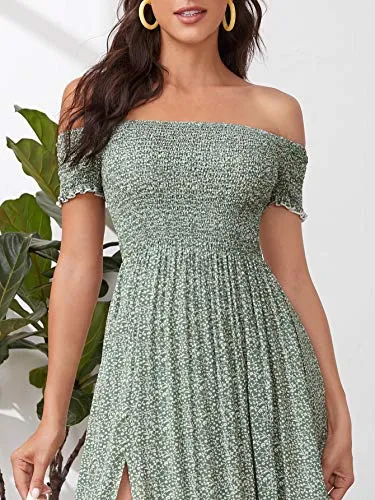 Blue Flower Women's Boho Floral Print Off Shoulder Split Long A Line Dress - Floerns