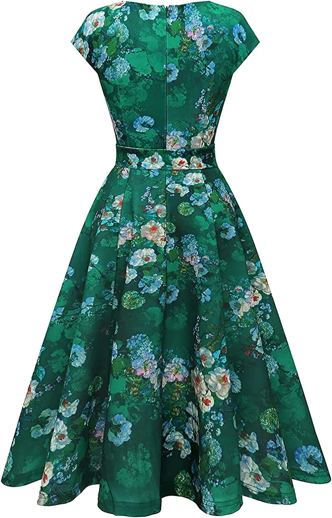 Blue Women Casual Dresses Vintage Cocktail Tea Party Dress A-Line Summer Work Dress - DRESSTELLS