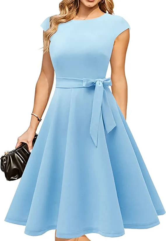 Blue Women Casual Dresses Vintage Cocktail Tea Party Dress A-Line Summer Work Dress - DRESSTELLS