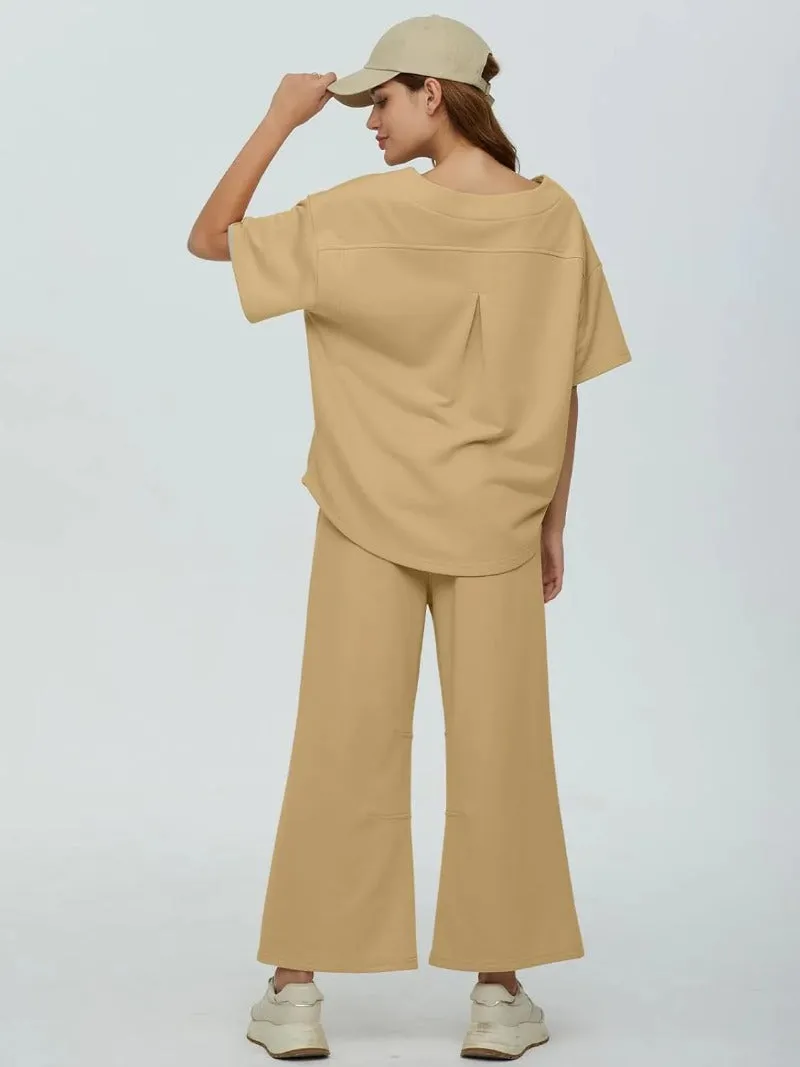 Casual 2-Piece Crew Neck Top & Loose Leg Pant Set