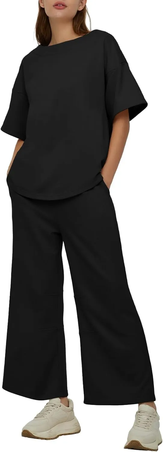 Casual 2-Piece Crew Neck Top & Loose Leg Pant Set