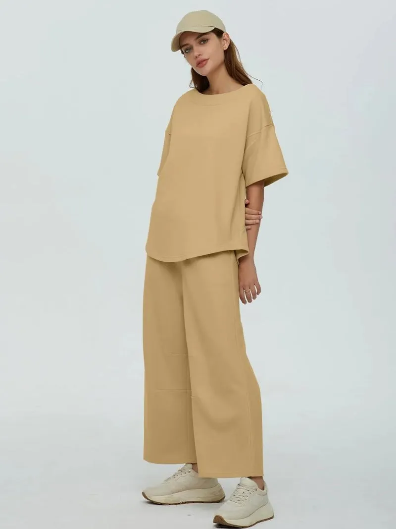 Casual 2-Piece Crew Neck Top & Loose Leg Pant Set