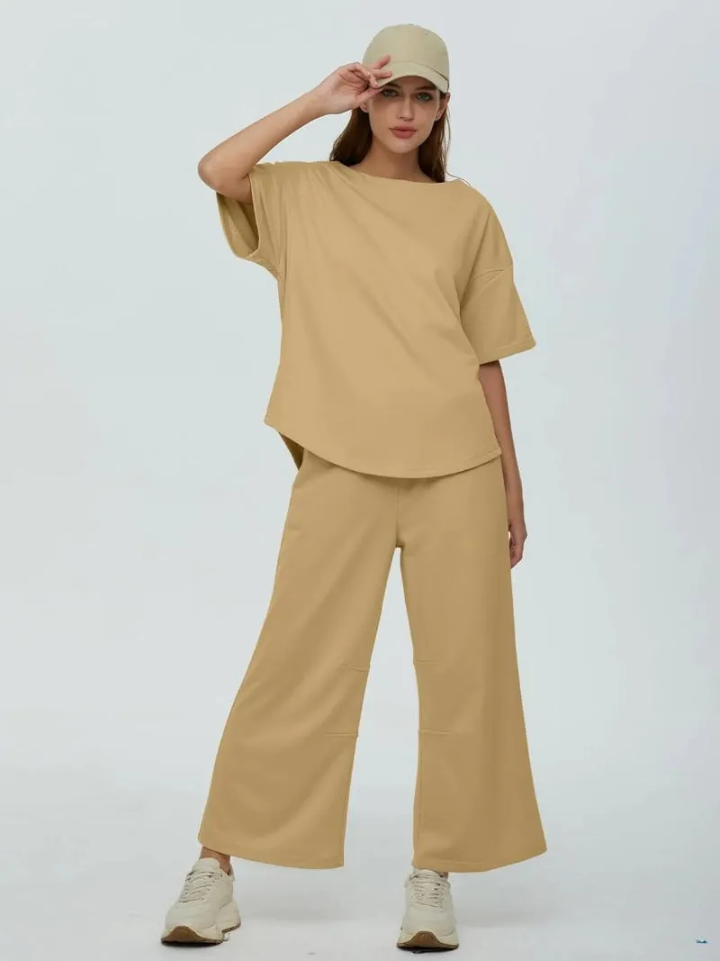 Casual 2-Piece Crew Neck Top & Loose Leg Pant Set