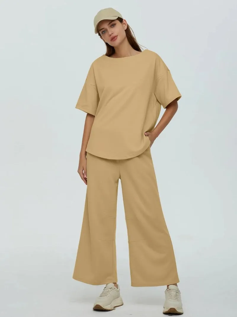 Casual 2-Piece Crew Neck Top & Loose Leg Pant Set