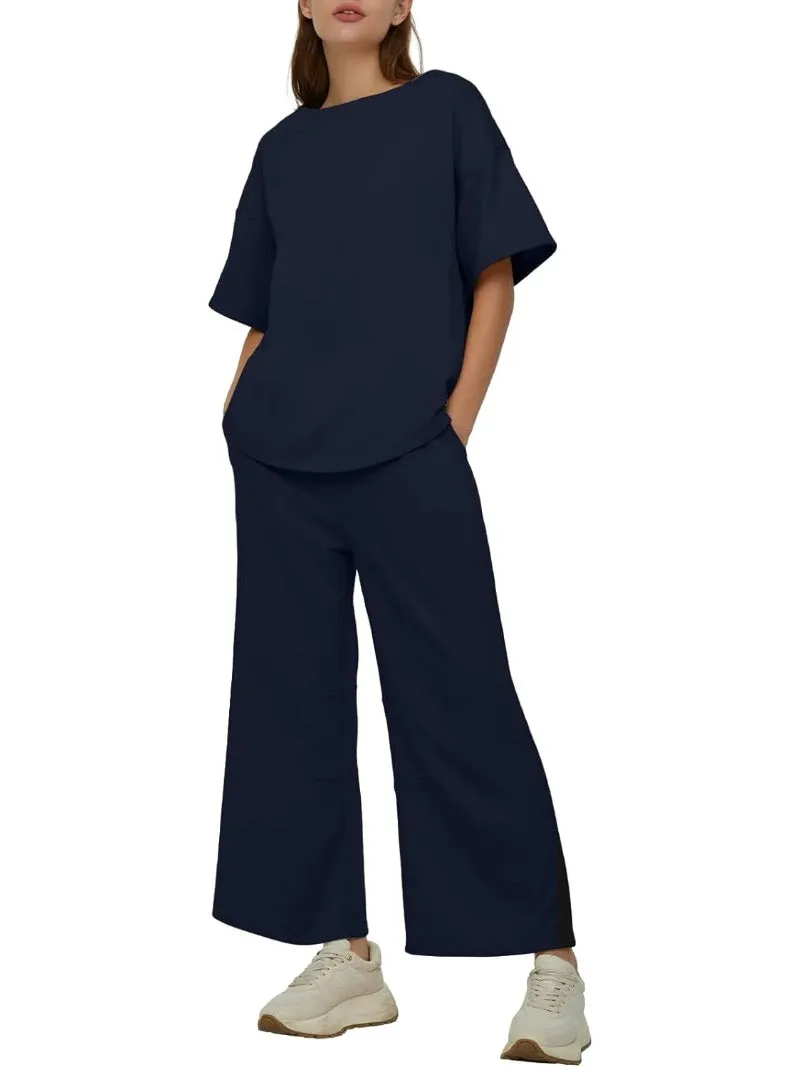 Casual 2-Piece Crew Neck Top & Loose Leg Pant Set