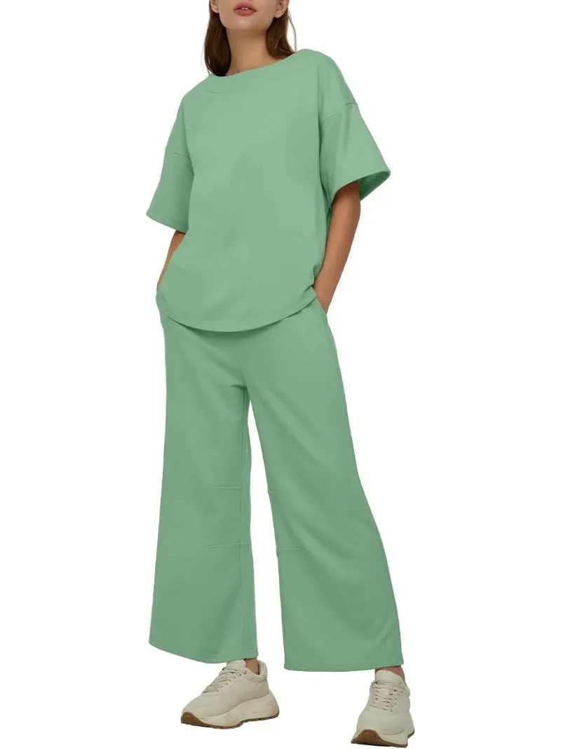 Casual 2-Piece Crew Neck Top & Loose Leg Pant Set