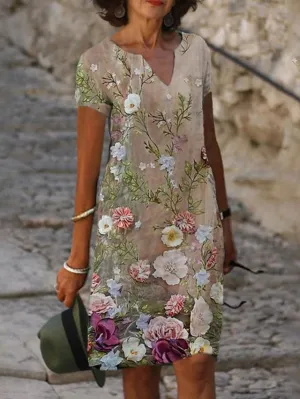 Casual Dress Shift Dress Midi Dress Green Khaki Short Sleeve Floral Print Summer Spring V Neck Fashion Vacation  S M L XL XXL 3XL for Women