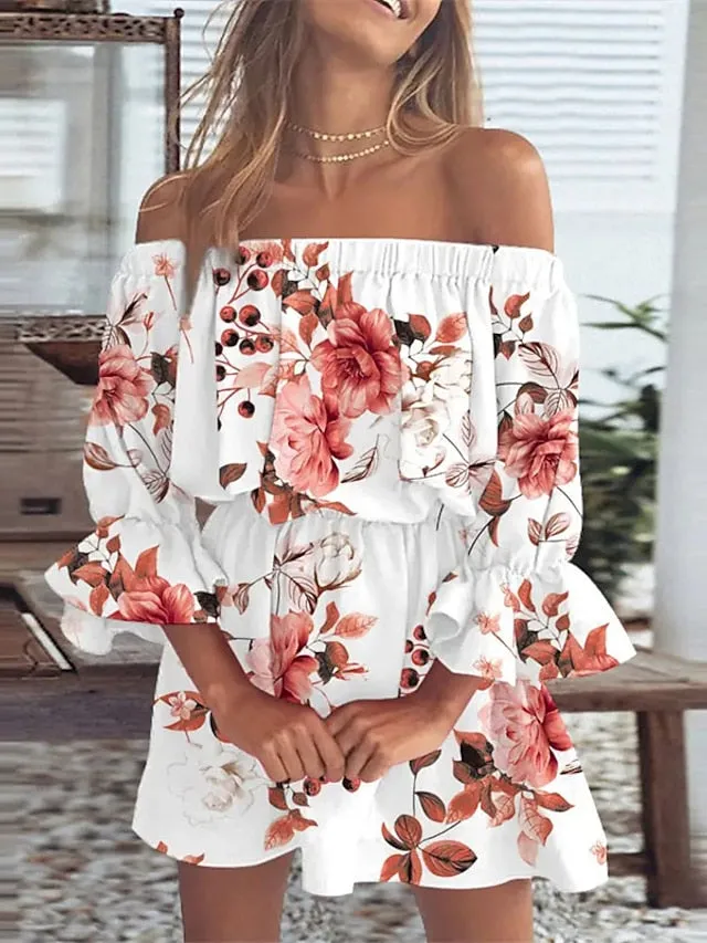 Casual Dress Sundress Empire Waist Dresses Mini Dress Black White Pink 3/4 Length Sleeve Floral Ruffle Summer Spring Fall Off Shoulder Fashion Birthday Vacation Summer Dress Loose Fit  S for Women
