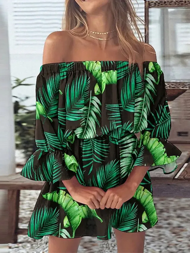 Casual Dress Sundress Empire Waist Dresses Mini Dress Black White Pink 3/4 Length Sleeve Floral Ruffle Summer Spring Fall Off Shoulder Fashion Birthday Vacation Summer Dress Loose Fit  S for Women