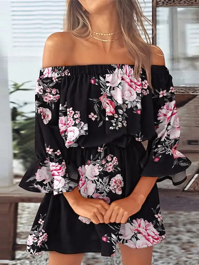 Casual Dress Sundress Empire Waist Dresses Mini Dress Black White Pink 3/4 Length Sleeve Floral Ruffle Summer Spring Fall Off Shoulder Fashion Birthday Vacation Summer Dress Loose Fit  S for Women