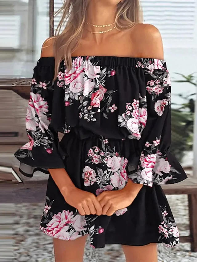 Casual Dress Sundress Empire Waist Dresses Mini Dress Black White Pink 3/4 Length Sleeve Floral Ruffle Summer Spring Fall Off Shoulder Fashion Birthday Vacation Summer Dress Loose Fit  S for Women
