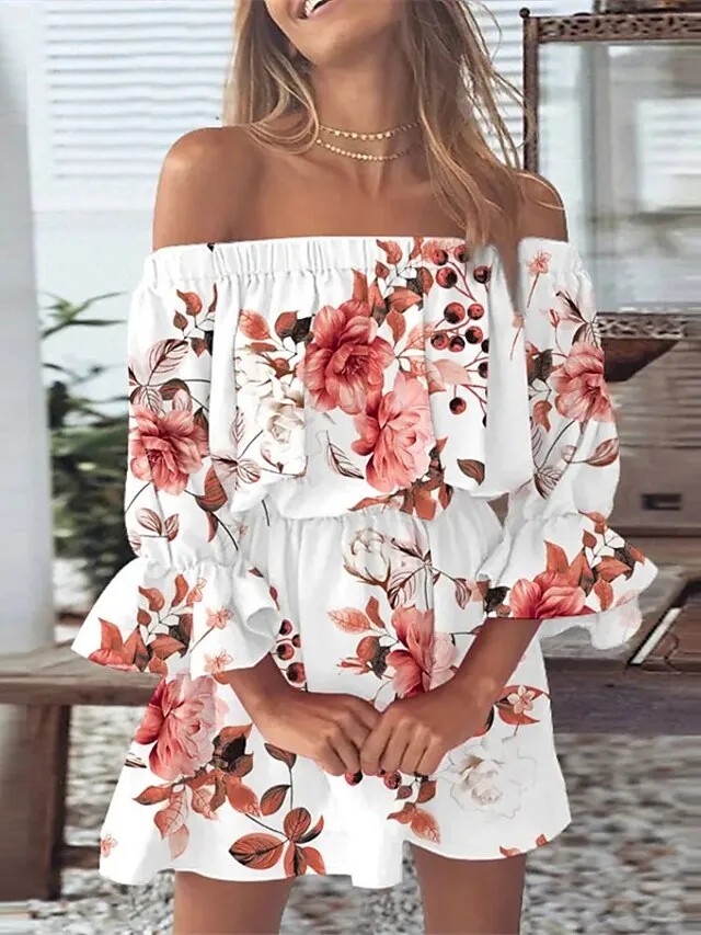 Casual Dress Sundress Empire Waist Dresses Mini Dress Black White Pink 3/4 Length Sleeve Floral Ruffle Summer Spring Fall Off Shoulder Fashion Birthday Vacation Summer Dress Loose Fit  S for Women