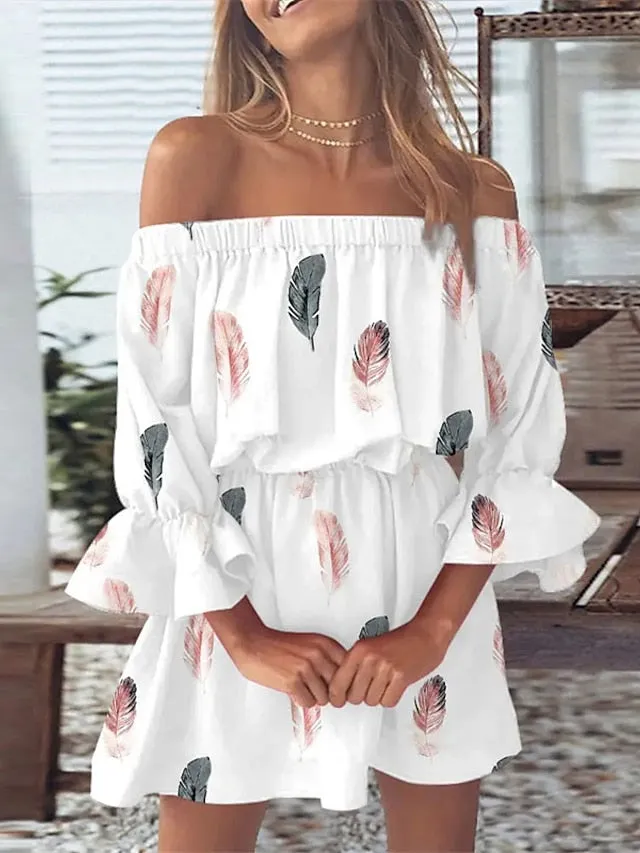 Casual Dress Sundress Empire Waist Dresses Mini Dress Black White Pink 3/4 Length Sleeve Floral Ruffle Summer Spring Fall Off Shoulder Fashion Birthday Vacation Summer Dress Loose Fit  S for Women