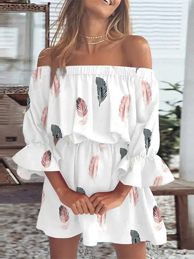 Casual Dress Sundress Empire Waist Dresses Mini Dress Black White Pink 3/4 Length Sleeve Floral Ruffle Summer Spring Fall Off Shoulder Fashion Birthday Vacation Summer Dress Loose Fit  S for Women