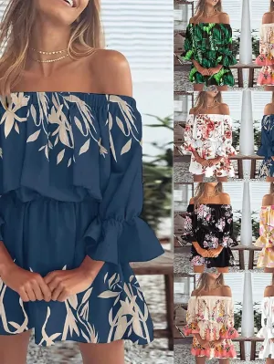 Casual Dress Sundress Empire Waist Dresses Mini Dress Black White Pink 3/4 Length Sleeve Floral Ruffle Summer Spring Fall Off Shoulder Fashion Birthday Vacation Summer Dress Loose Fit  S for Women