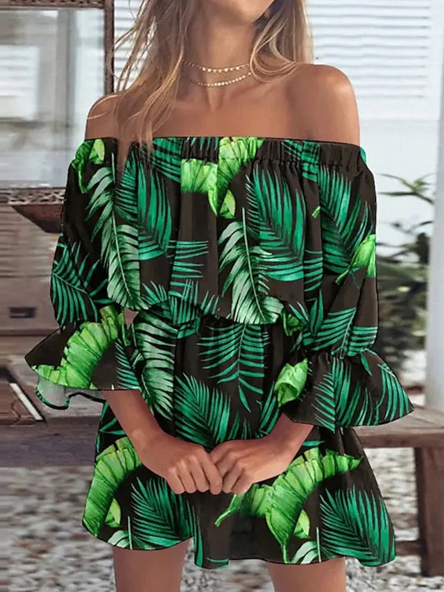 Casual Dress Sundress Empire Waist Dresses Mini Dress Black White Pink 3/4 Length Sleeve Floral Ruffle Summer Spring Fall Off Shoulder Fashion Birthday Vacation Summer Dress Loose Fit  S for Women