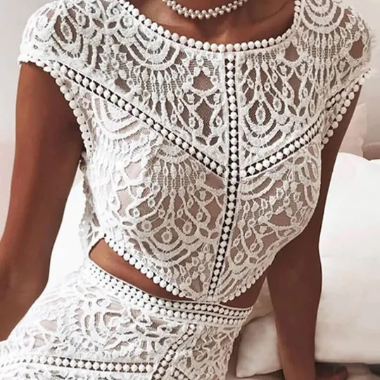 Elegant Solid Crochet Lace Mesh Mini Dress
