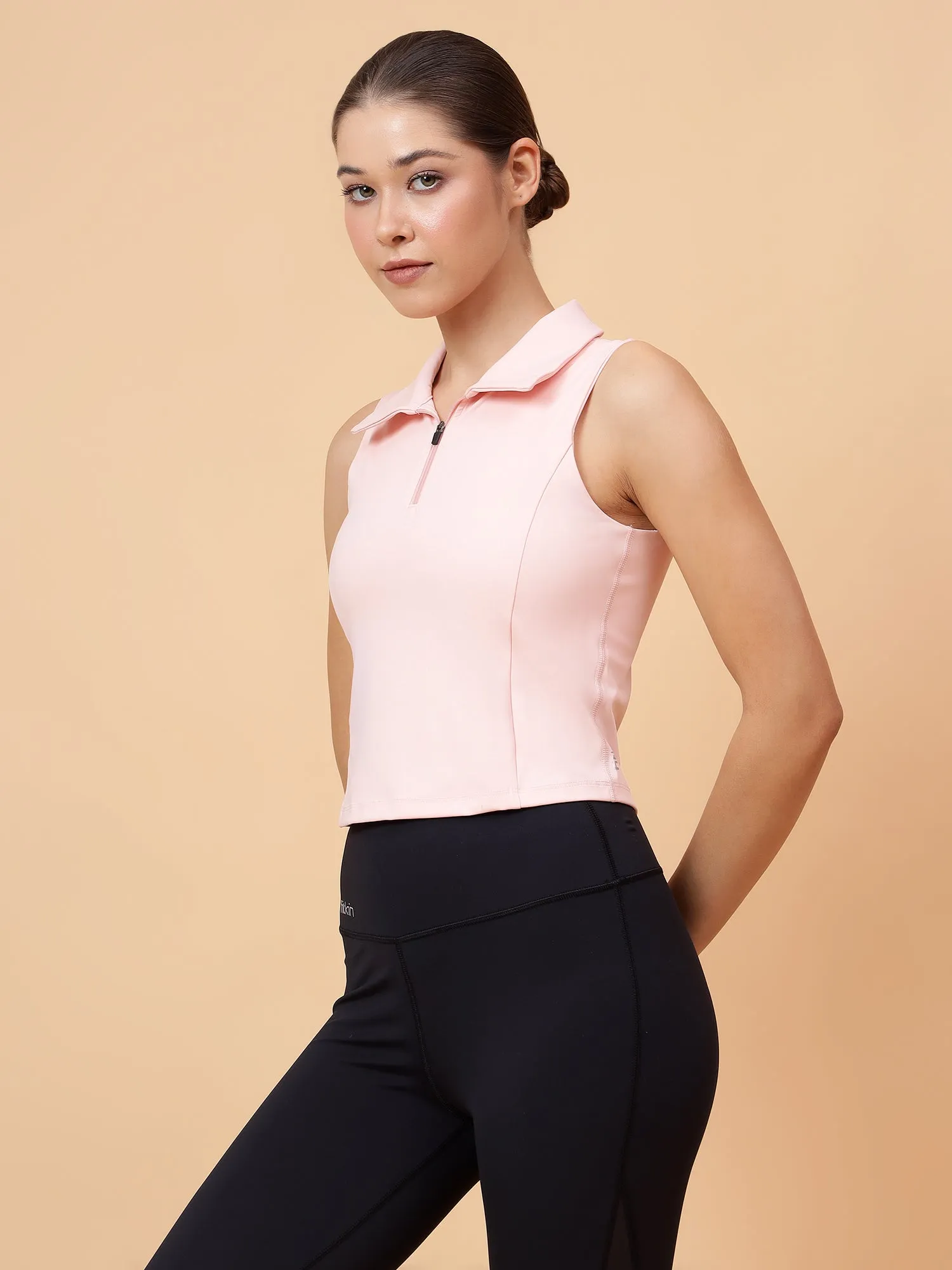 Ftkin Women Pink Front Zipper Padded Collar Top