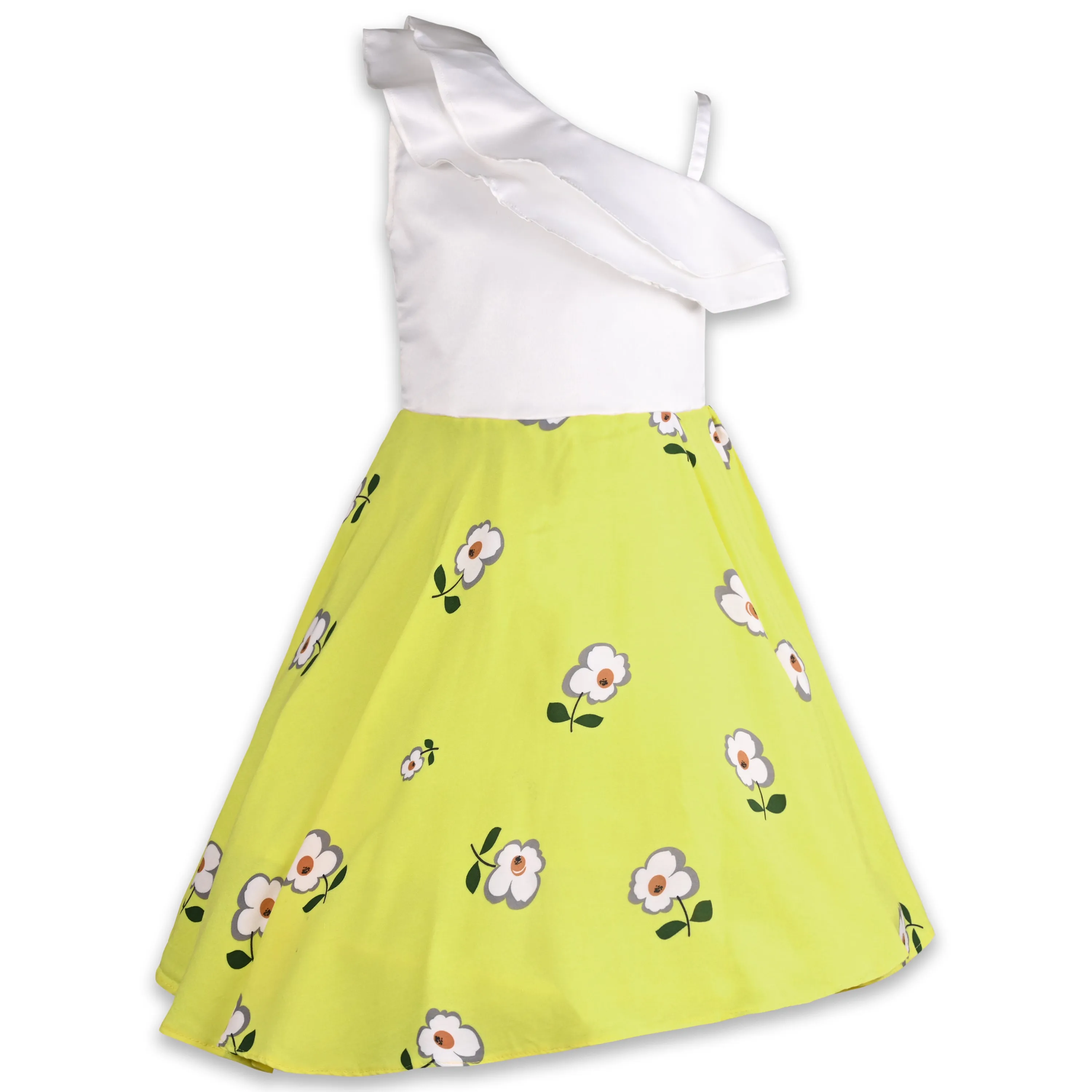 Girls Floral Print One shoulder Sleeve A-Line Frock Dress