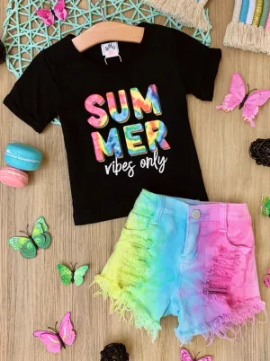 Girls "Summer Vibes Only" Knotted Top with Denim Tie Dye Short Set