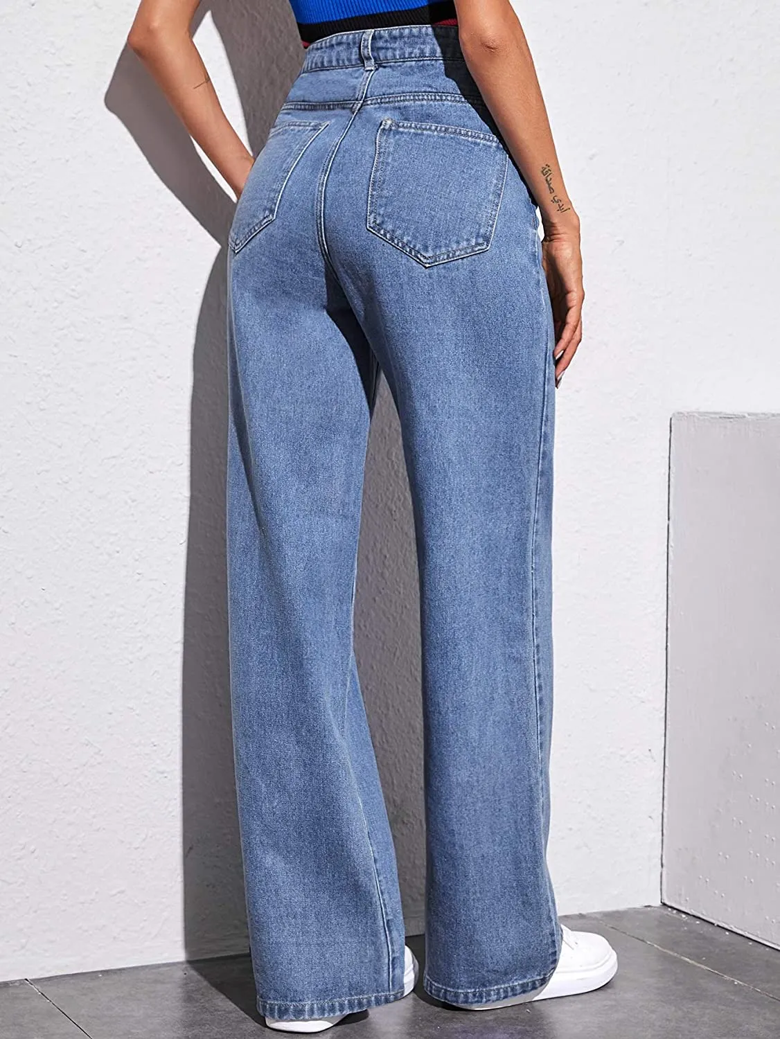 High Waist Wide Leg Denim Long Pants with Pockets