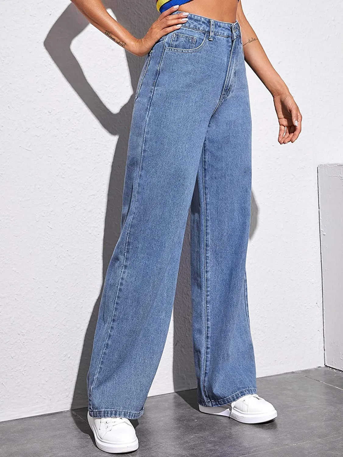 High Waist Wide Leg Denim Long Pants with Pockets