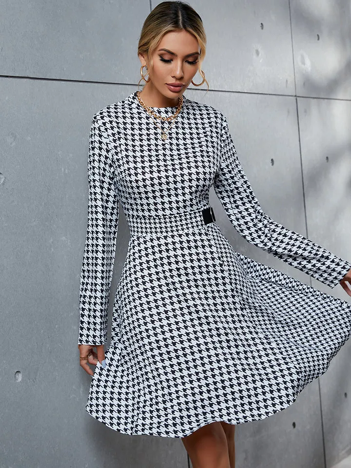 Houndstooth Long Sleeve A Line Dress