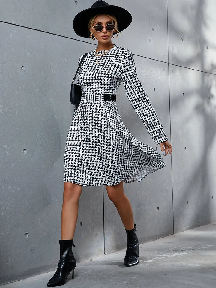 Houndstooth Long Sleeve A Line Dress
