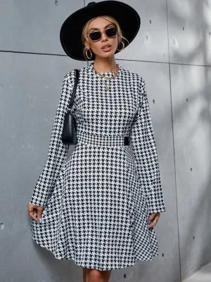 Houndstooth Long Sleeve A Line Dress